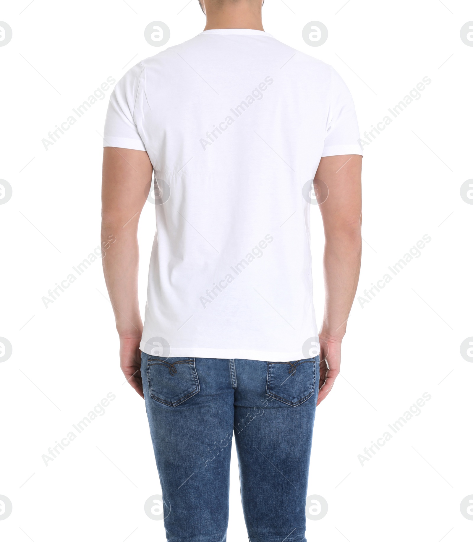 Photo of Young man on white background, closeup. Weight loss