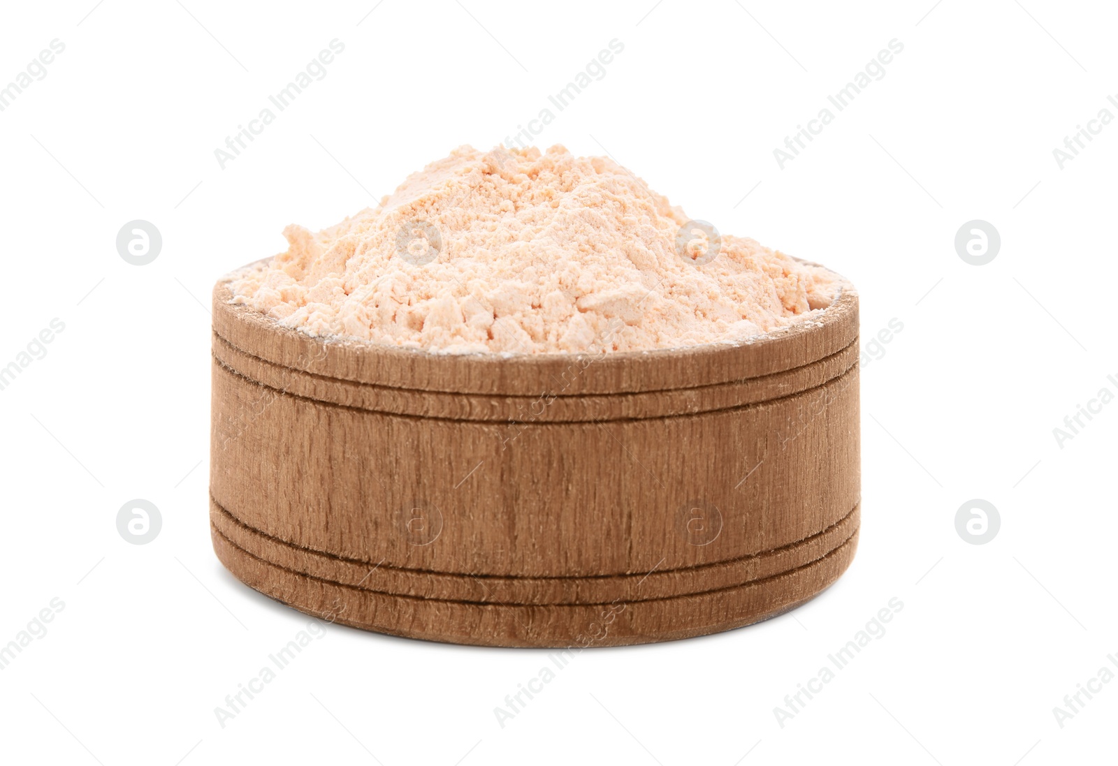 Photo of Lentil flour in wooden bowl isolated on white