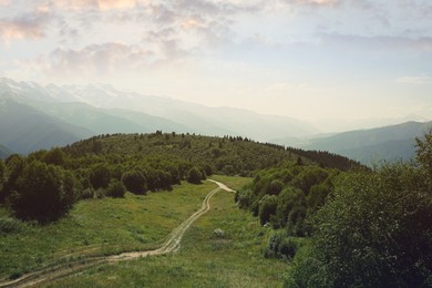 Picturesque view of gravel road and forest in mountains