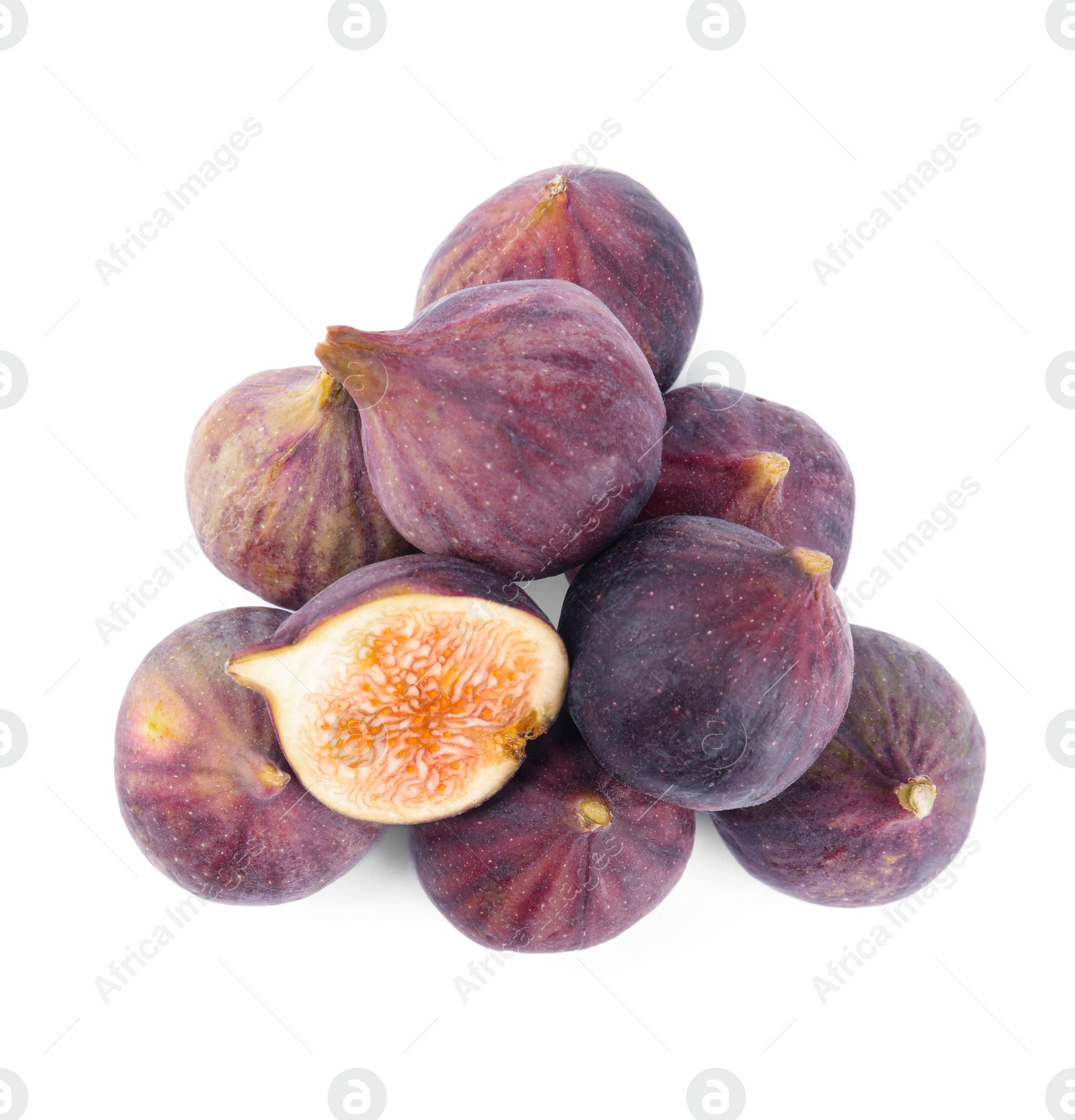 Photo of Pile of tasty fresh figs on white background, top view