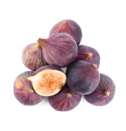 Photo of Pile of tasty fresh figs on white background, top view