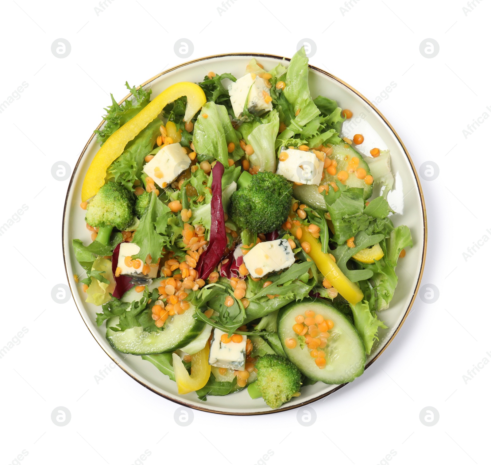 Photo of Plate of delicious salad with lentils, vegetables and cheese isolated on white, top view