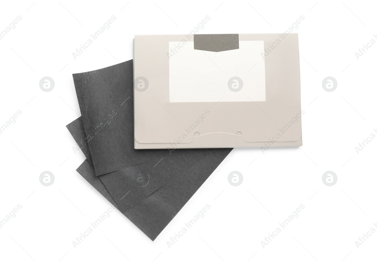 Photo of Package with facial oil blotting tissues on white background, top view. Mattifying wipes