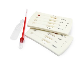 Photo of Disposable express hepatitis test kit on white background