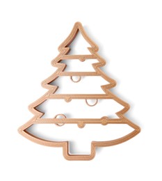 Photo of Cookie cutter in shape of Christmas tree isolated on white, top view