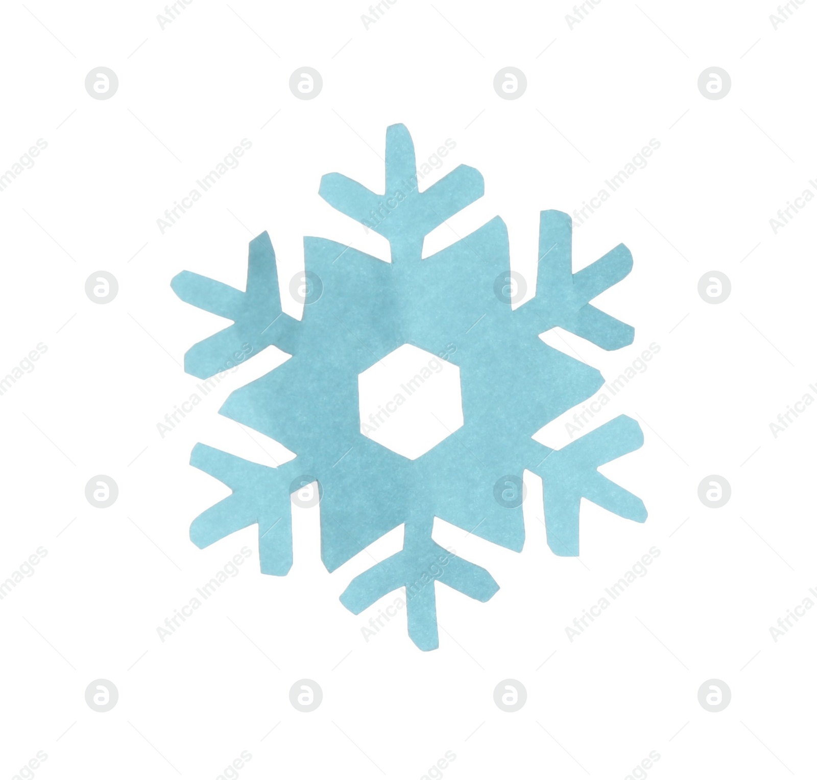 Photo of Beautiful light blue paper snowflake isolated on white