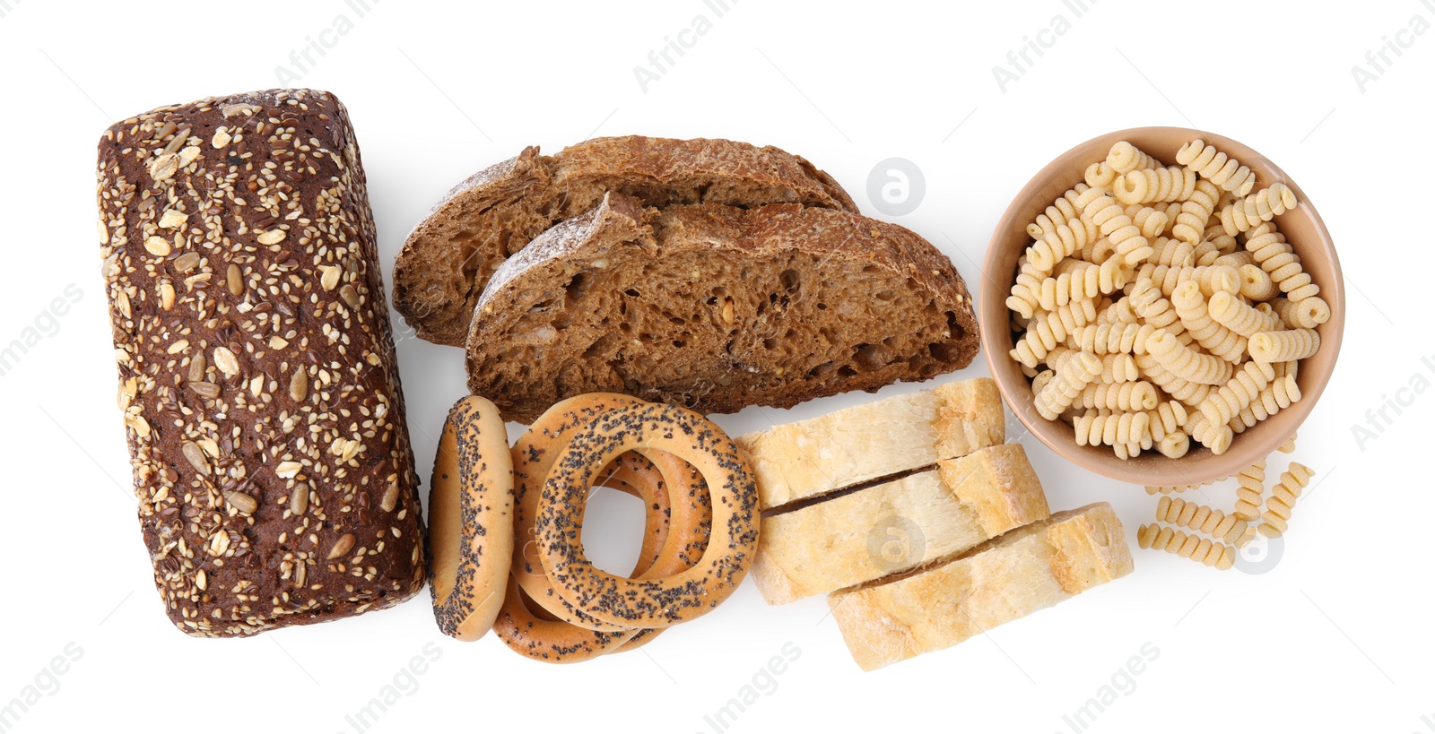 Photo of Different gluten free products on white background, top view