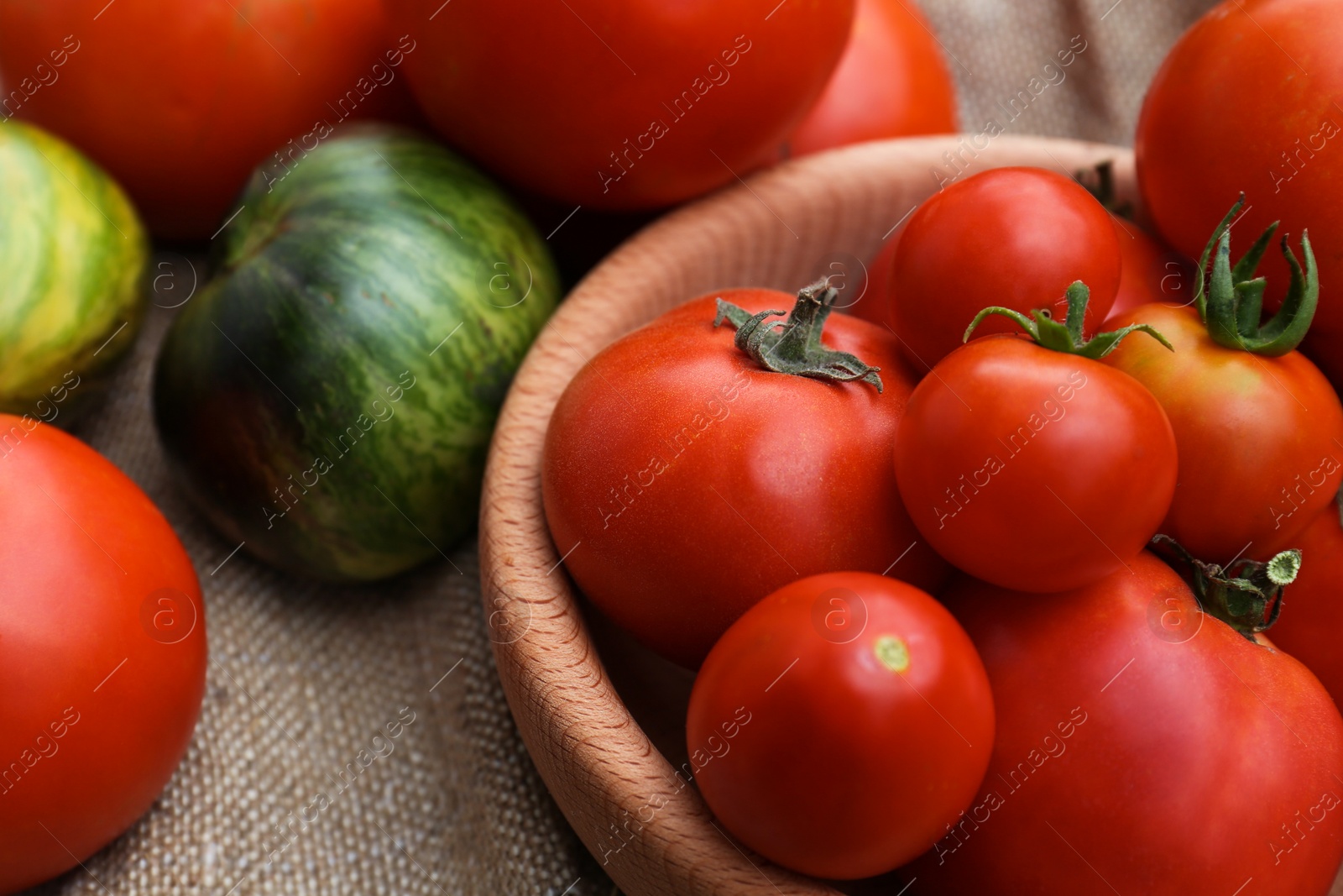 Photo of Many different ripe tomatoes on table, closeup