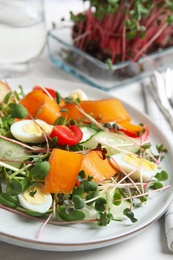 Salad with fresh organic microgreen in plate on white table, closeup