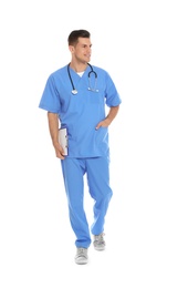 Full length portrait of medical doctor with clipboard and stethoscope isolated on white