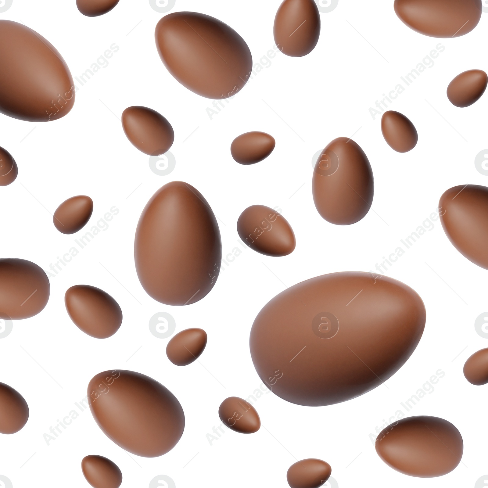 Image of Many chocolate eggs falling on white background