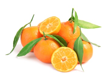 Photo of Tasty ripe tangerines with leaves on white background