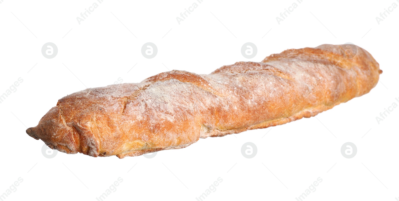 Photo of Crispy French baguette isolated on white. Fresh bread