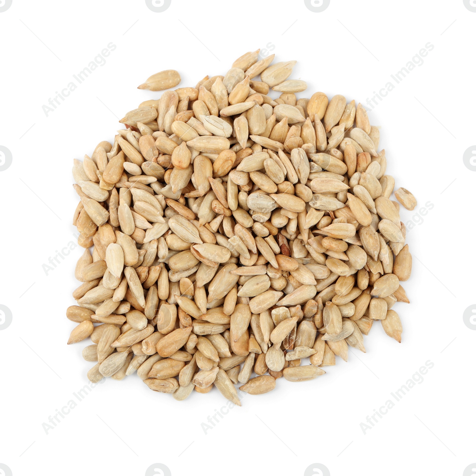 Photo of Pile of peeled sunflower seeds isolated on white, top view