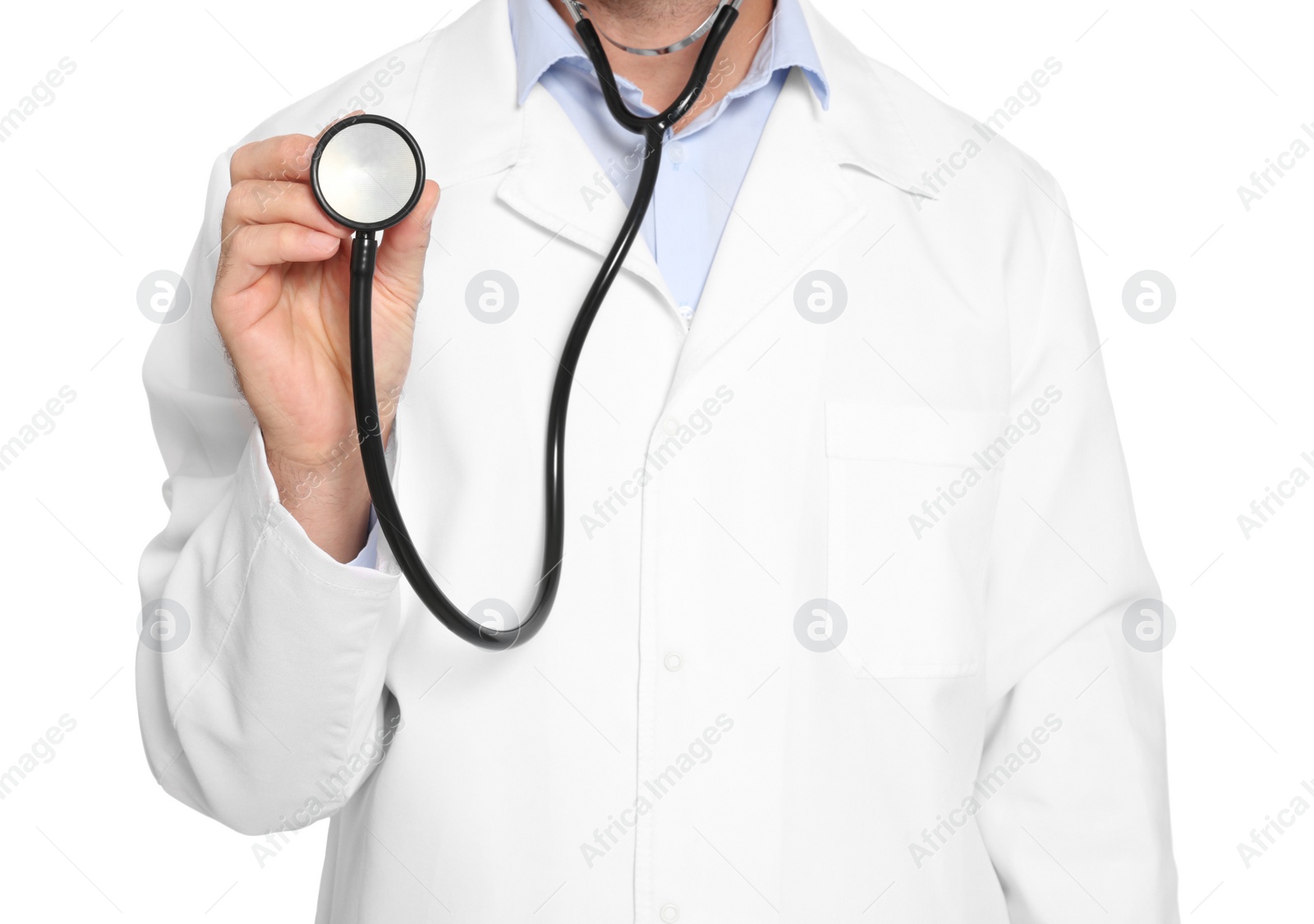 Photo of Doctor with stethoscope on white background, closeup