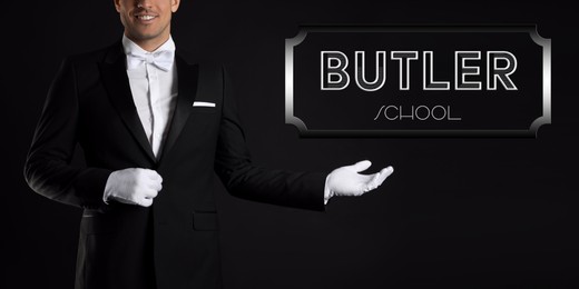 Man in elegant suit pointing at sign Butler School on black background, banner design