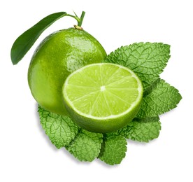 Image of Fresh ripe limes and green mint leaves isolated on white