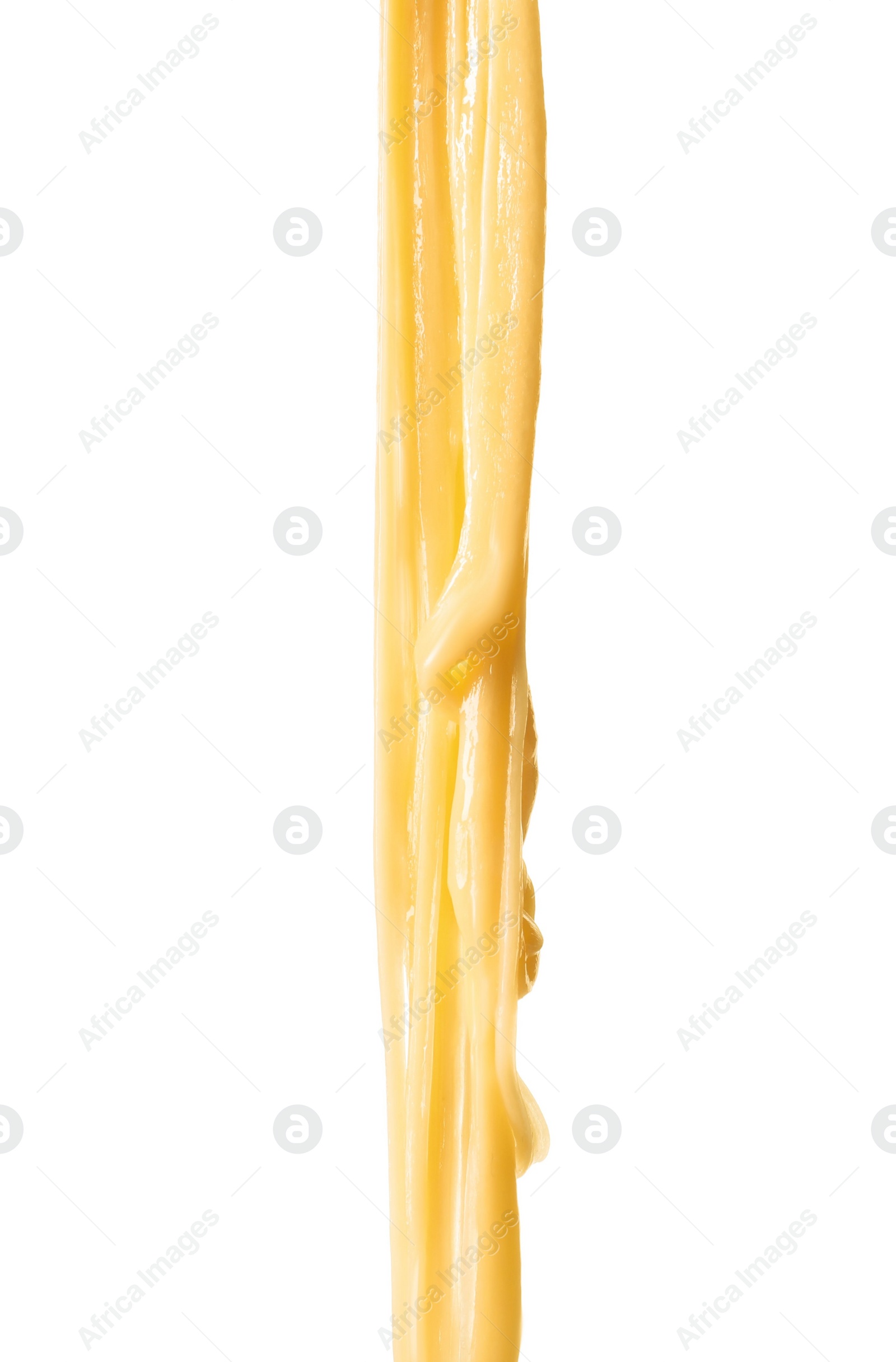 Photo of Stretching delicious melted cheese isolated on white