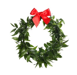 Photo of Beautiful handmade mistletoe wreath with red bow on white background. Traditional Christmas decor