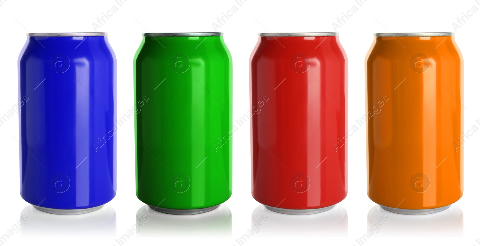 Image of Set with different colorful aluminium cans of beverage on white background. Banner design