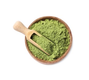 Photo of Green matcha powder in bowl and scoop isolated on white, top view