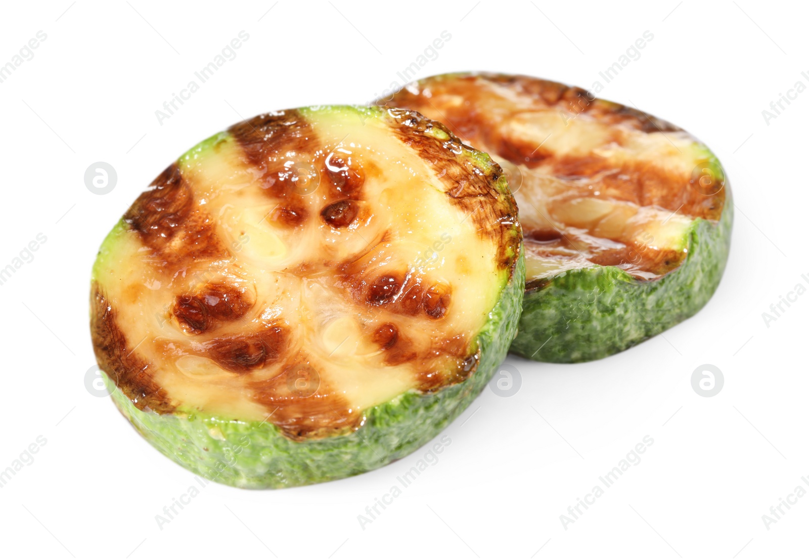 Photo of Slices of delicious grilled zucchini isolated on white