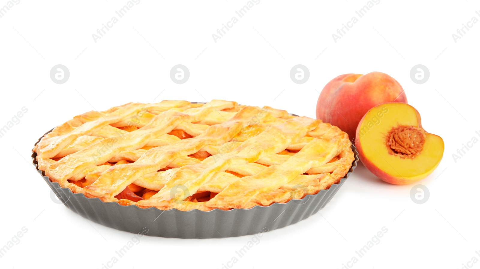Photo of Delicious peach pie and fresh fruits isolated on white