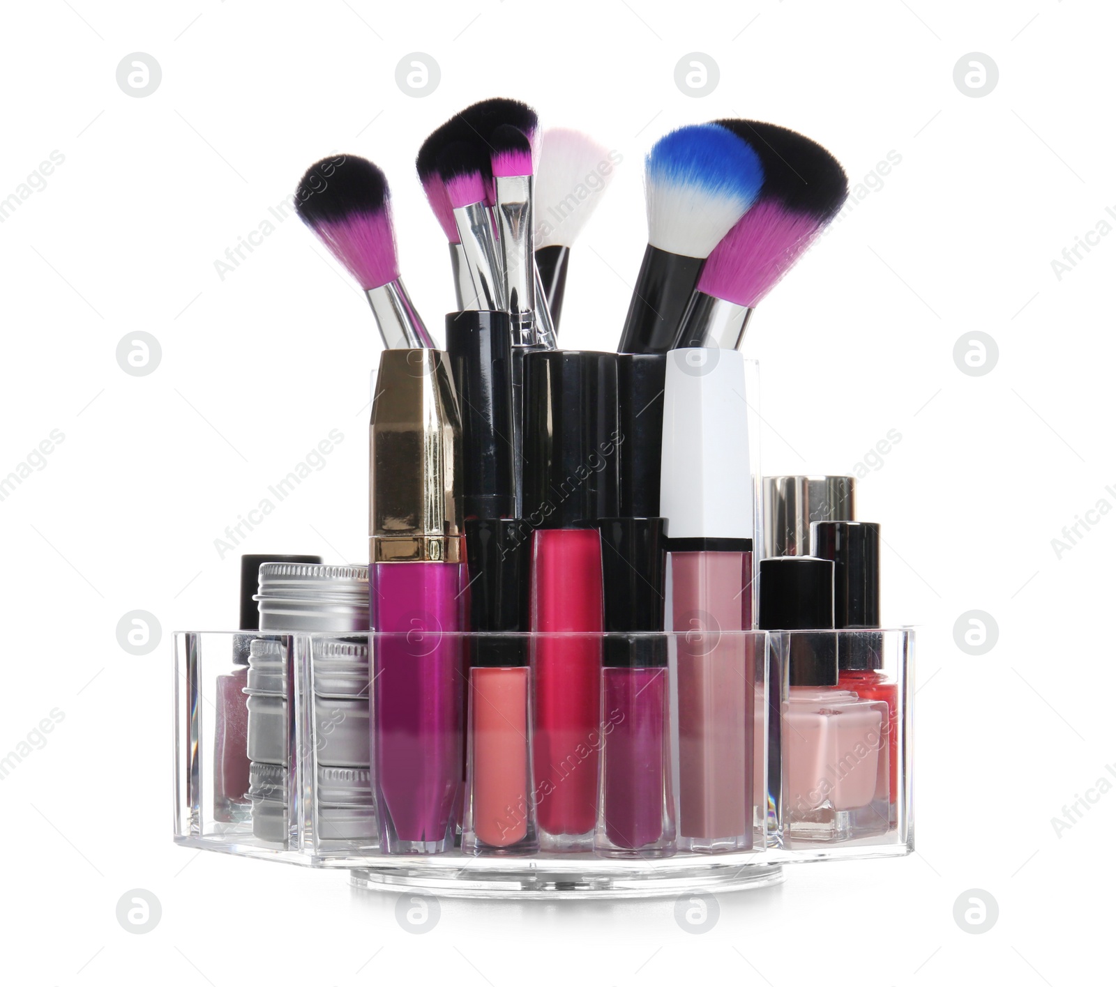 Photo of Set of makeup cosmetic products in organizer on white background