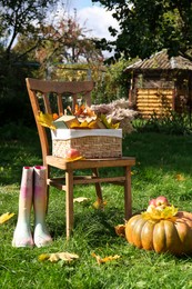 Photo of Rubber boots, chair, pumpkin and apples on green grass in park. Autumn atmosphere