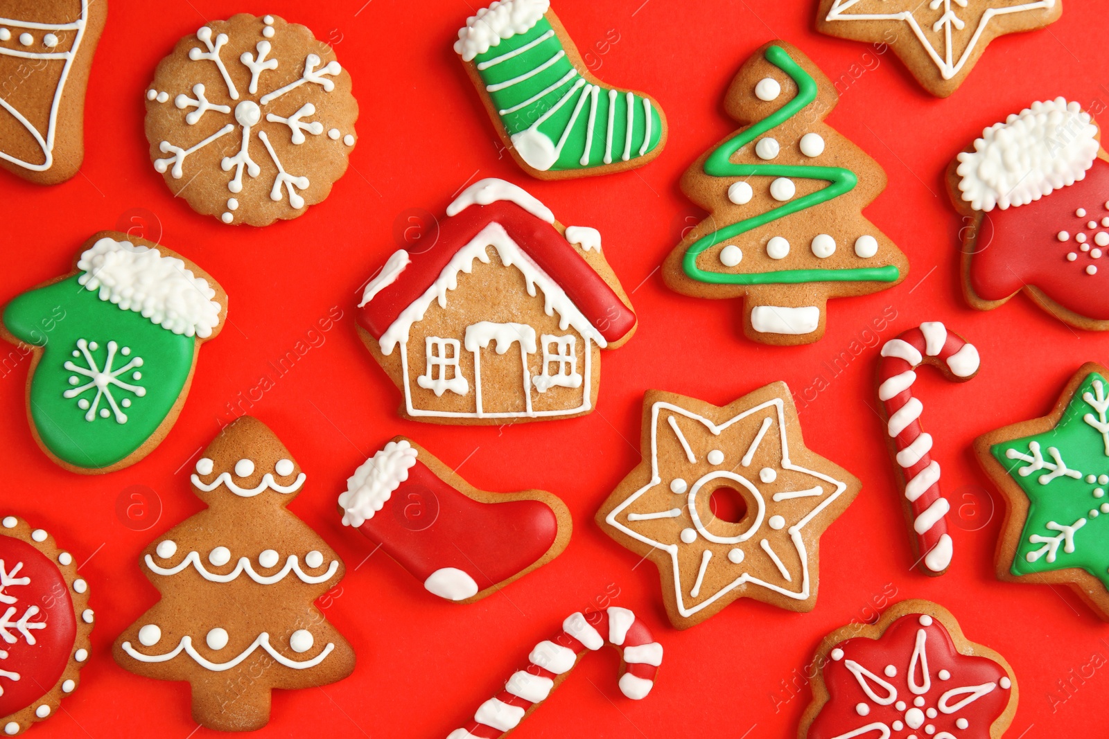 Photo of Tasty homemade Christmas cookies on color background, top view