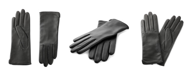 Image of Set of black leather gloves on white background. Banner design 