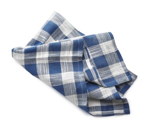 Photo of Blue checkered kitchen towel isolated on white, top view