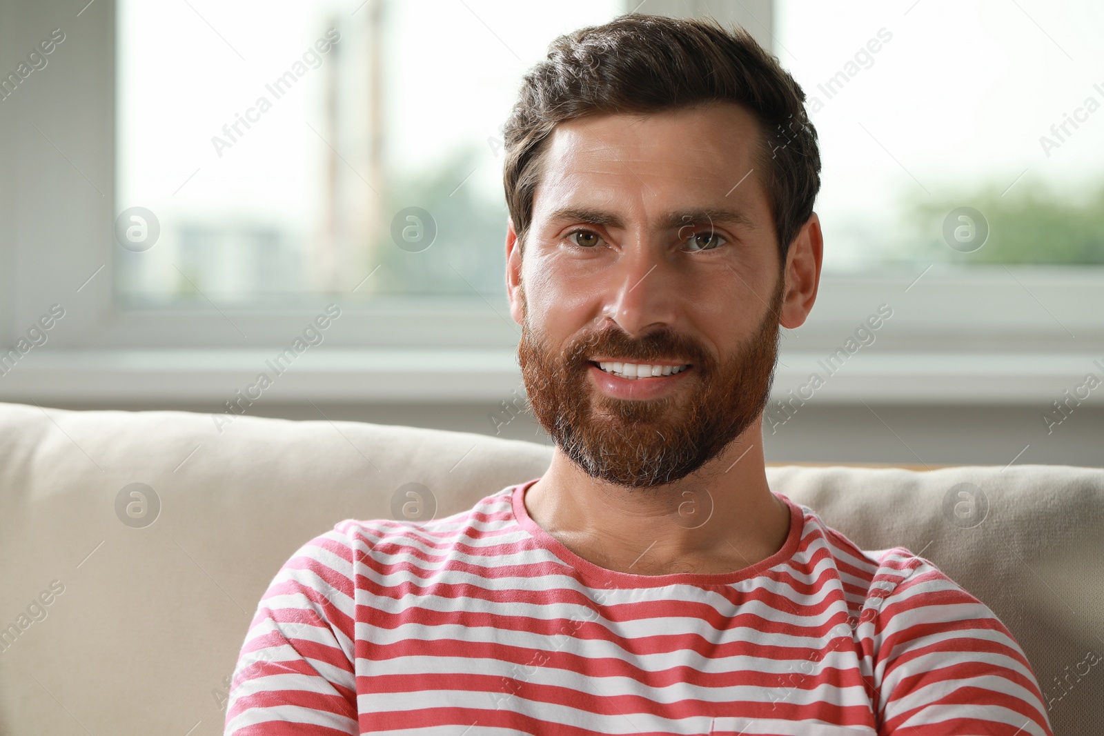 Photo of Portrait of handsome bearded man on sofa at home, space for text