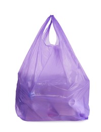 Photo of Full violet garbage bag isolated on white. Rubbish recycling