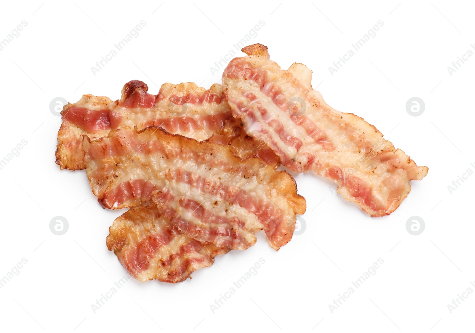 Photo of Delicious fried bacon slices isolated on white, top view