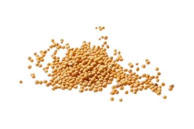 Photo of Many whole mustard seeds on white background