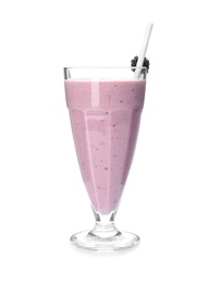Photo of Tasty fresh milk shake with blackberry isolated on white