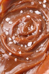 Photo of Tasty caramel sauce and salt as background, above view