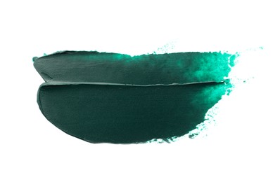 Photo of Dark green oil paint stroke on white background, top view