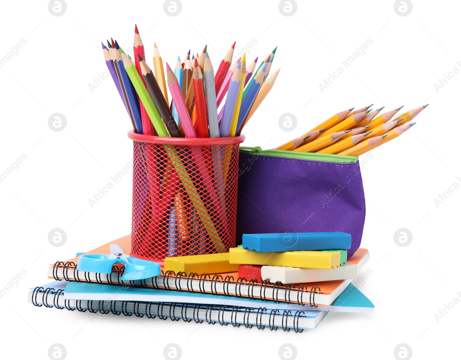 Photo of Many different school stationery isolated on white