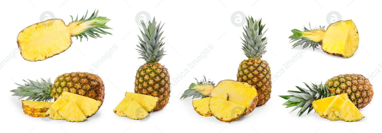 Image of Set with cut and whole pineapples isolated on white