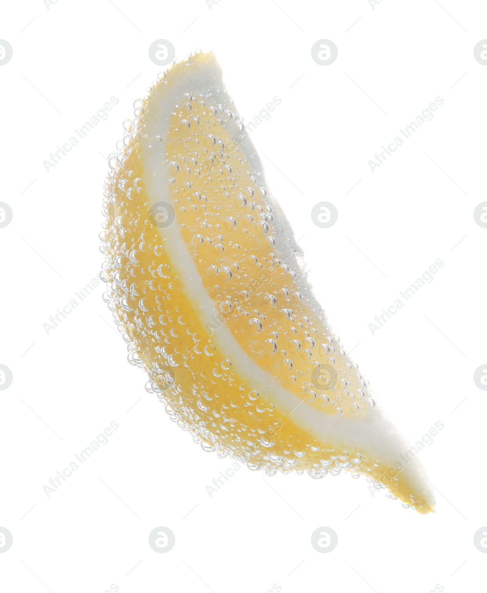 Photo of Slice of lemon in sparkling water on white background. Citrus soda