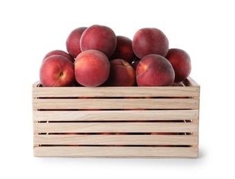 Photo of Crate of delicious ripe peaches isolated on white