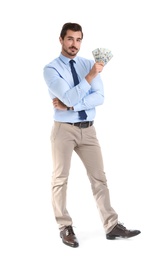Photo of Handsome businessman with dollars on white background