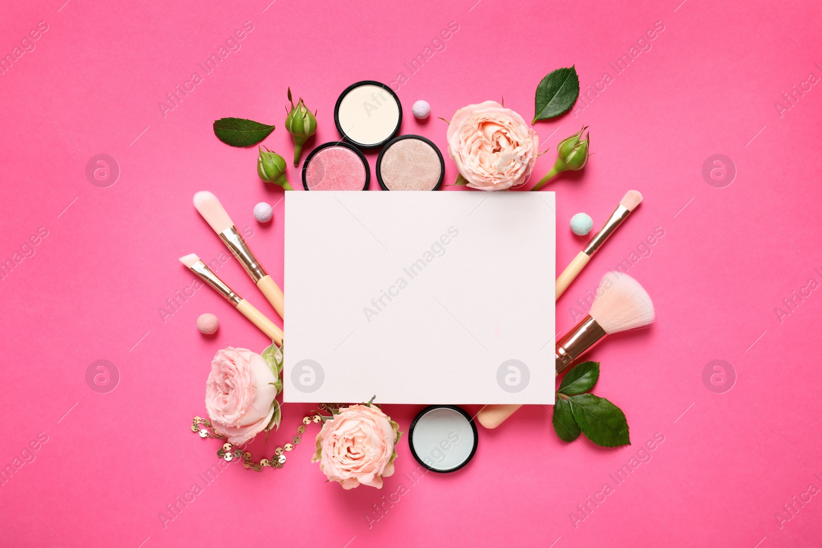 Photo of Flat lay composition with products for decorative makeup on pink background