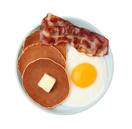 Tasty pancakes with fried egg and bacon isolated on white, top view