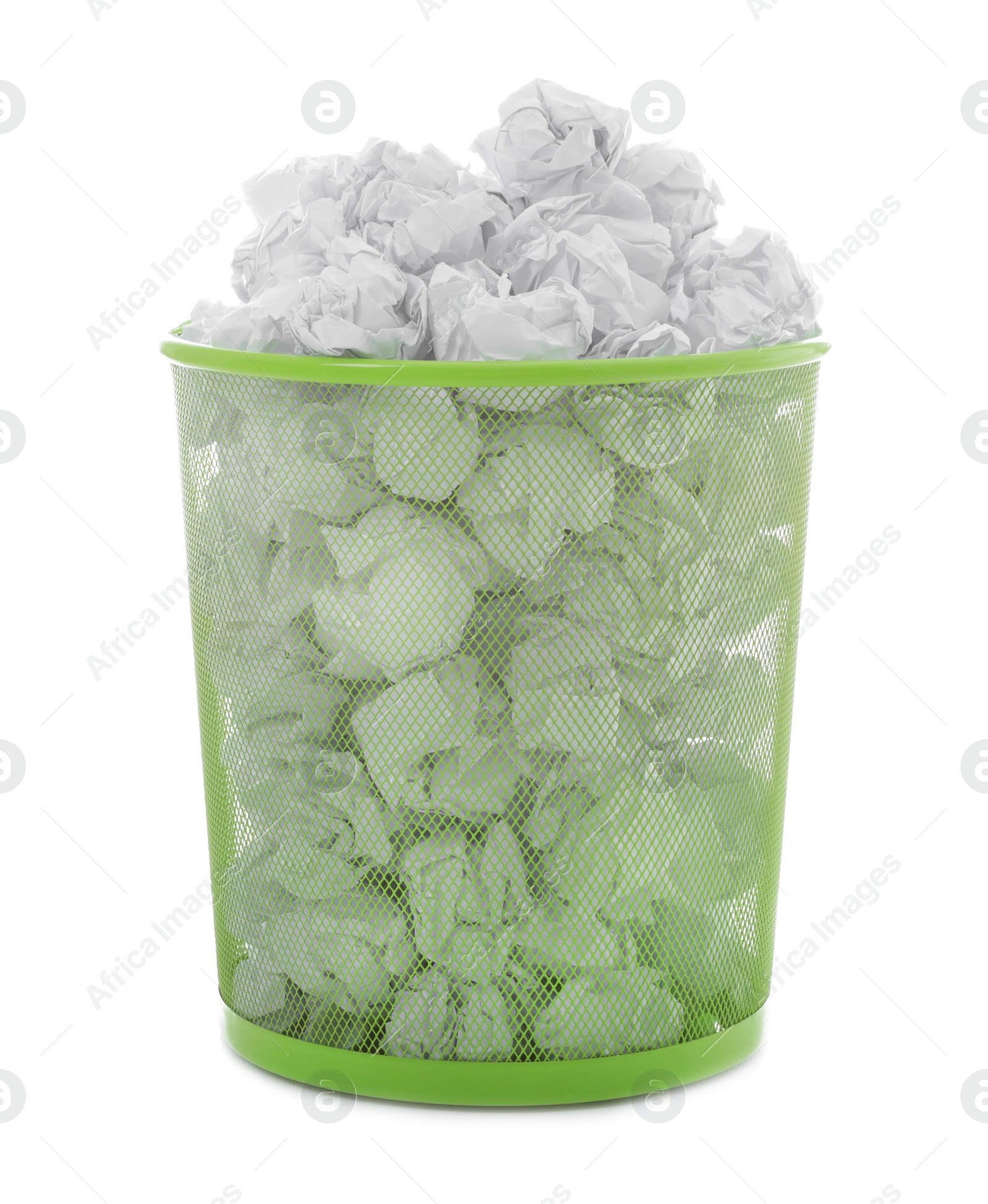 Photo of Trash bin with crumpled paper on white background. Lack of ideas