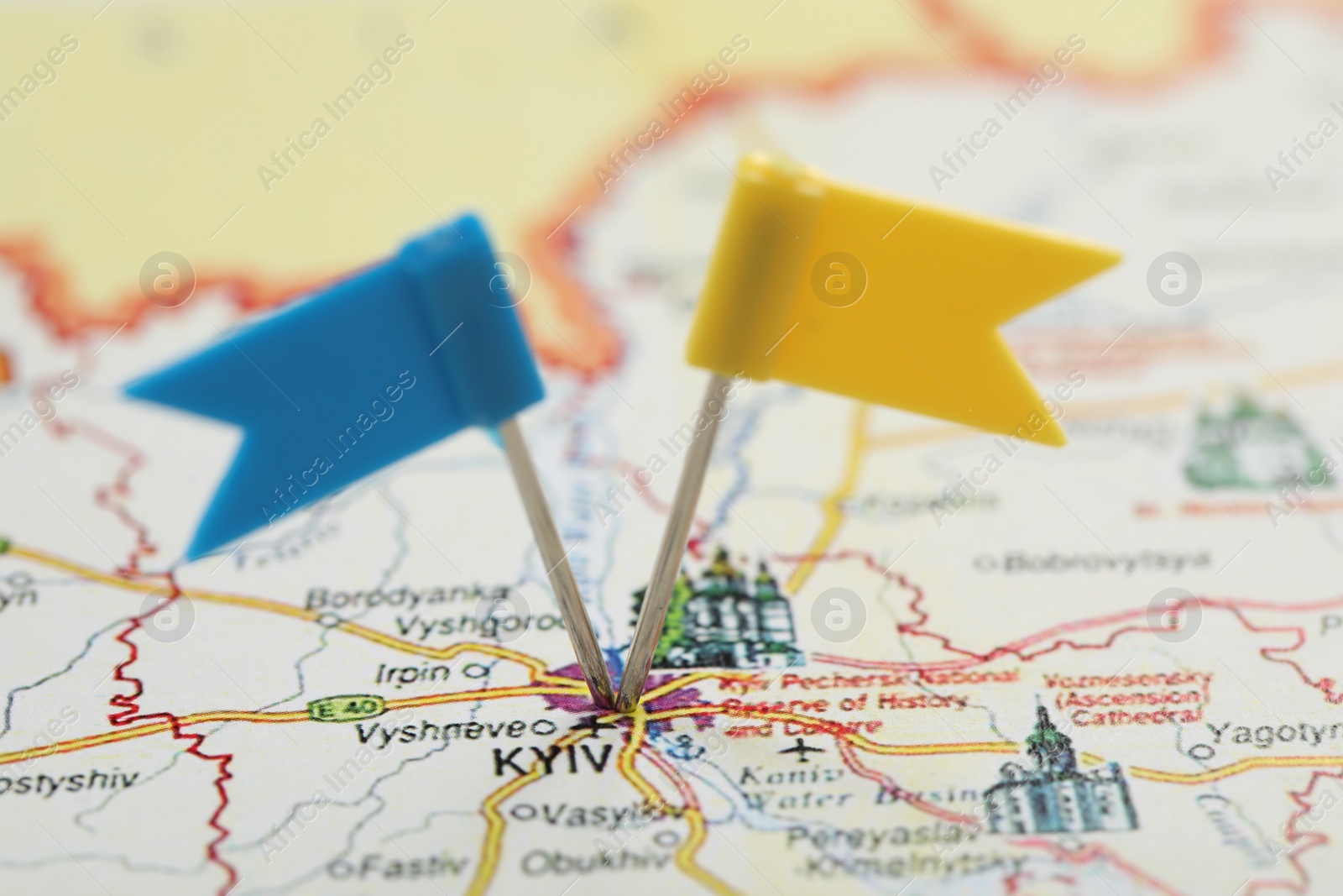 Photo of MYKOLAIV, UKRAINE - NOVEMBER 09, 2020: Kyiv city marked with push pins on map of Ukraine, closeup