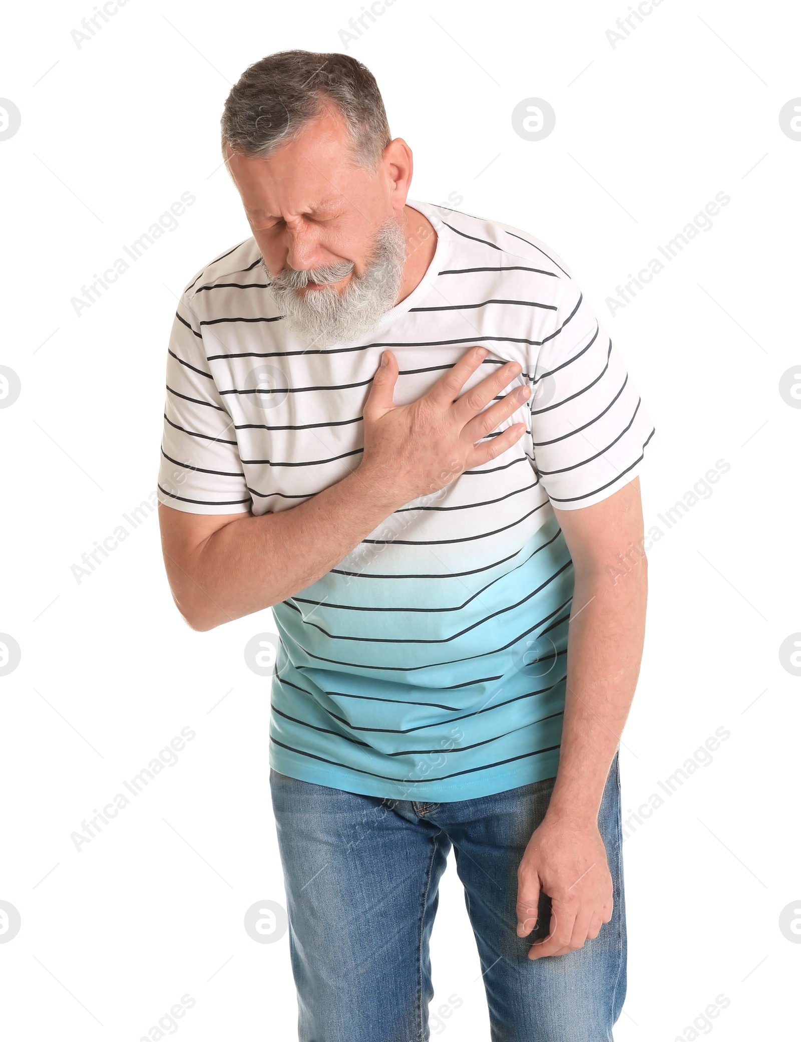 Photo of Mature man having heart attack on white background