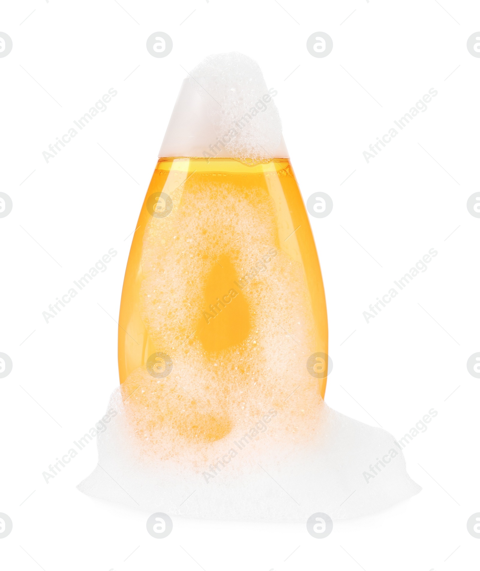 Photo of Bottle of bubble bath with foam isolated on white